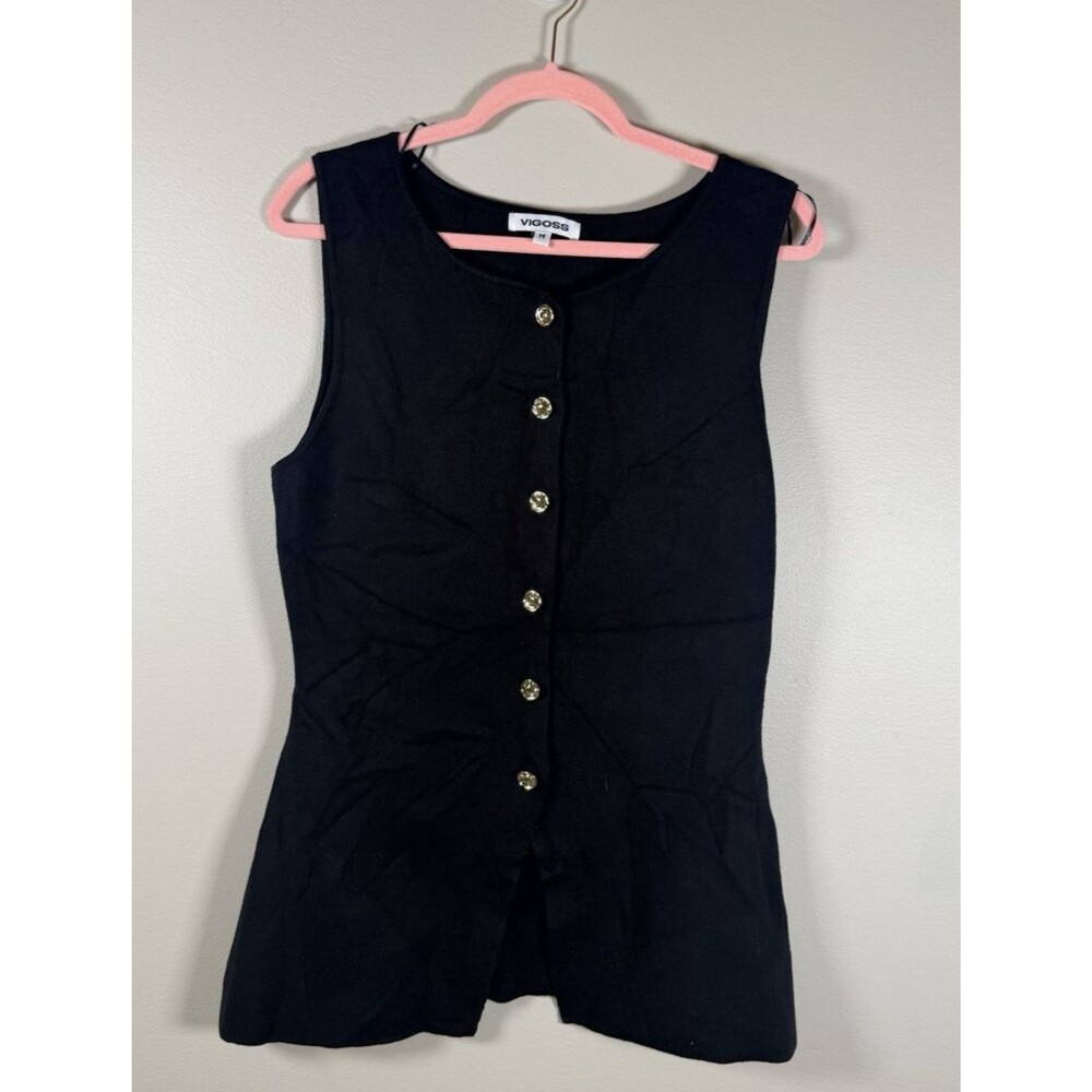 VIGOSS Womens Black Sleeveless Round Neck Button Front Knit Blouse - M